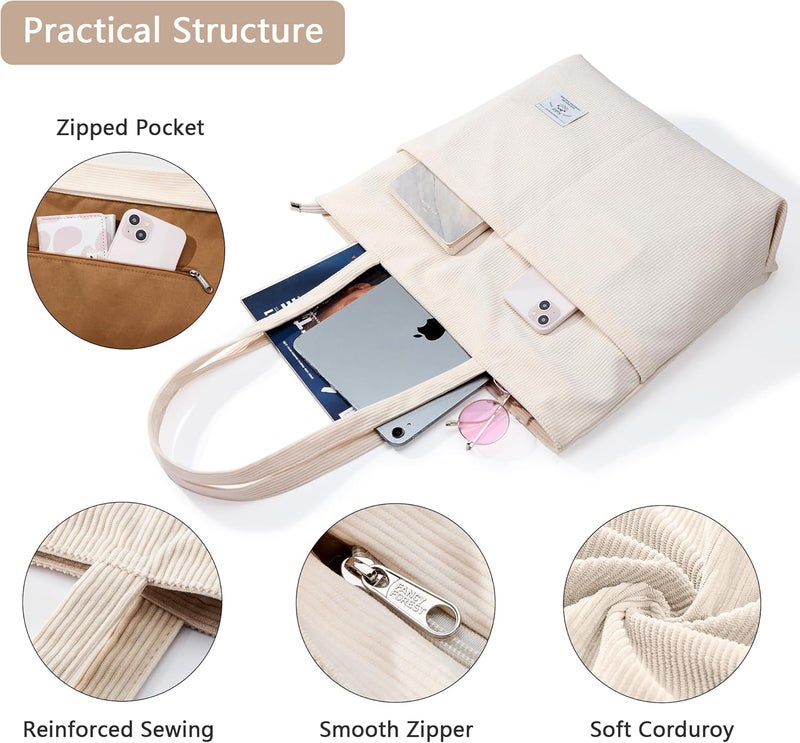 KALIDI FANCY FOREST KALIDI Women Corduroy Tote Bag Zipper Casual Tote's Handbag Big Capacity Shoulder Bag with Pockets - Image 4